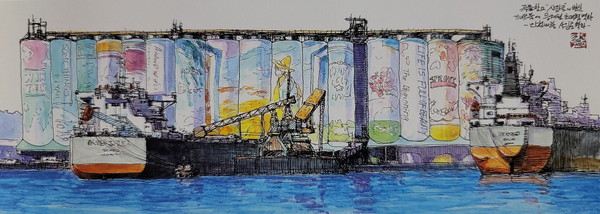 이종봉 작 곡물창고 사일로의 변신- Watercolor on Arches 54x18cm 2023